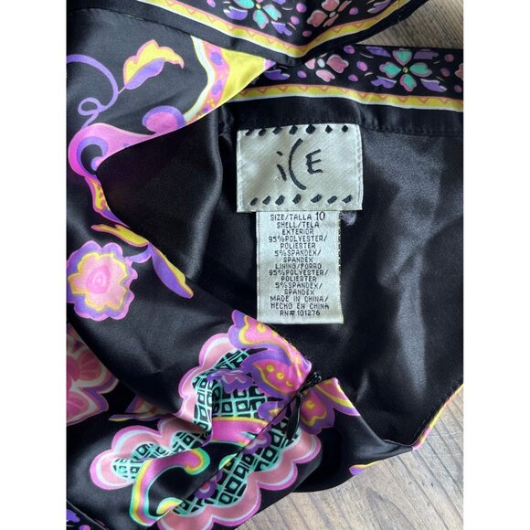Y2K ICE Satin Sleeveless Fit and Flare Dress Womens 10 Black Floral Print V-Neck - Picture 4 of 6